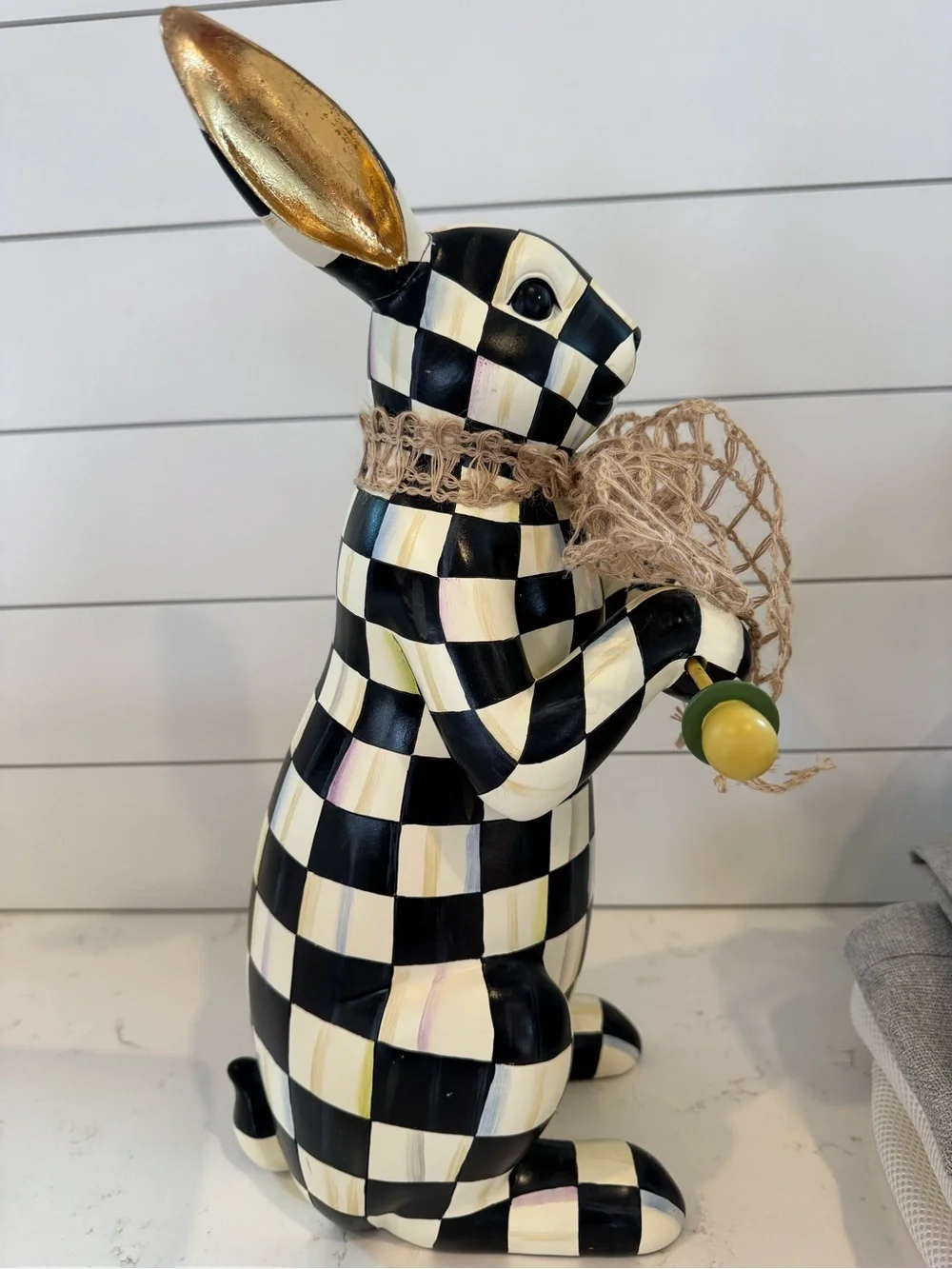 MacKenzie-Childs Courtly Check Large Bunny Rabbit Figurine Gold Ears